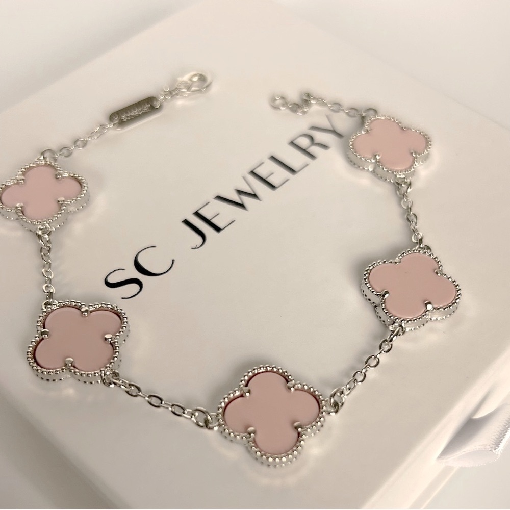 Pink Clover Bracelet Double Sided Silver Color Four Leaf - Picture 1 of 8